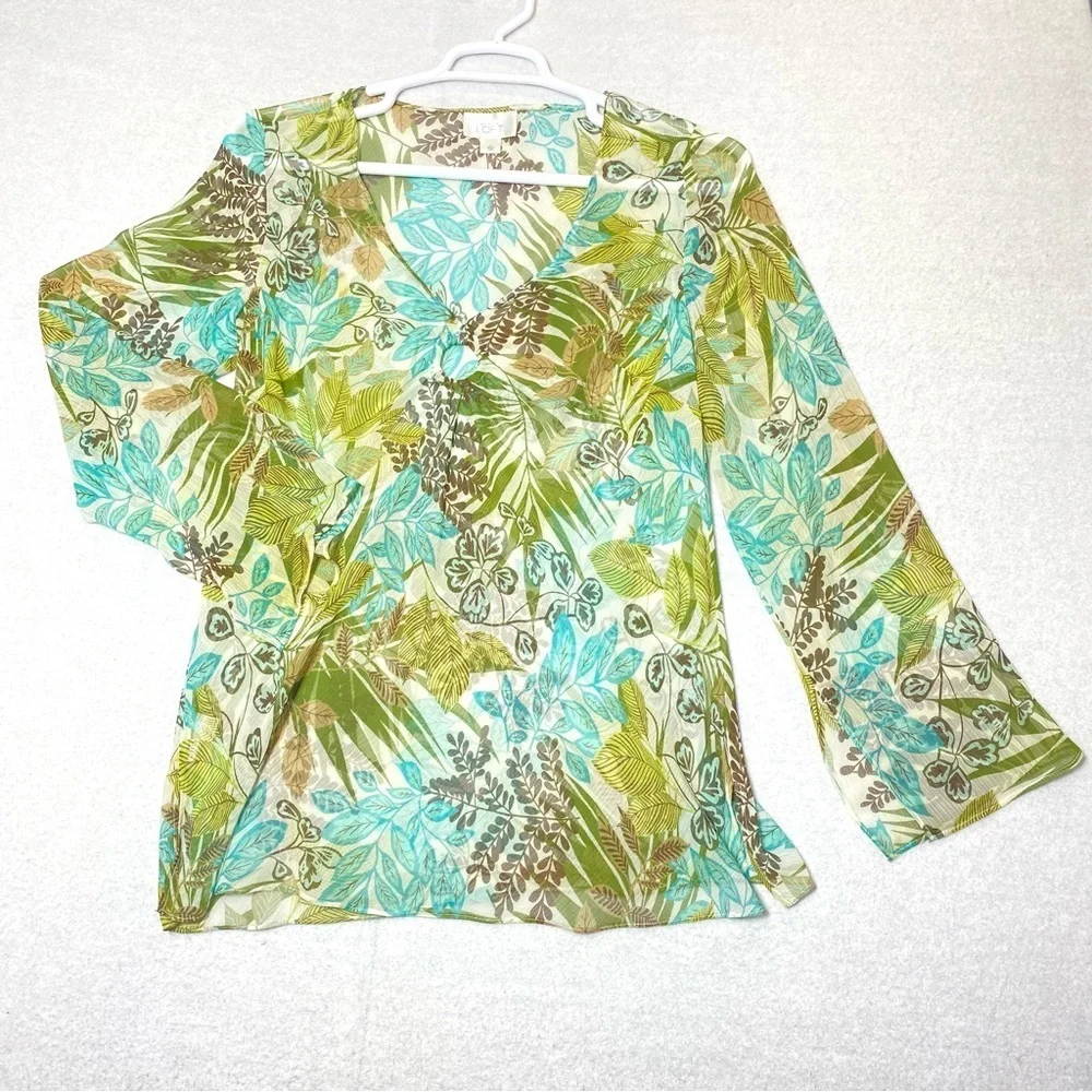 Loft Tropical Hawaiian Floral Top Womens L Green Sheer V Neck Long Sleeve Resort